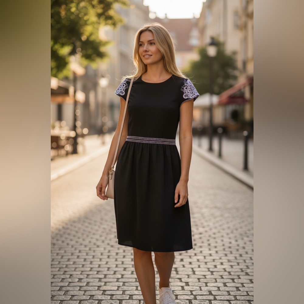 Dina Be Black Dress with White Embroidery